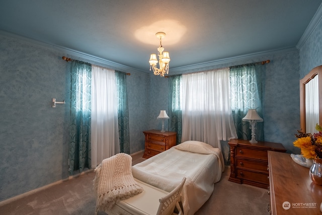 bedroom featuring a notable chandelier, carpet flooring, and crown molding