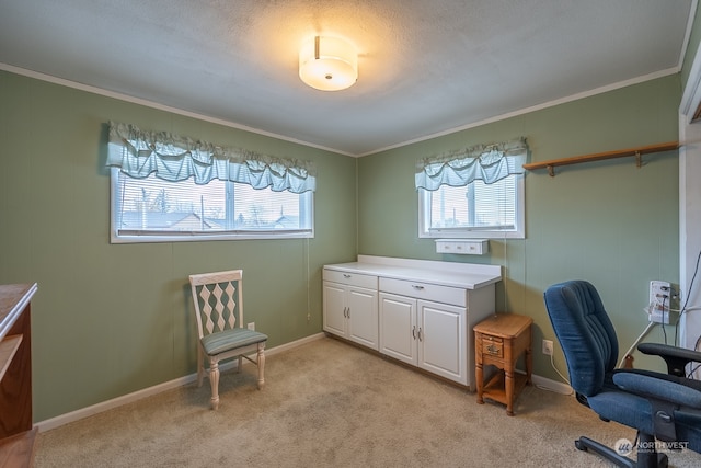 home office with a wealth of natural light, light carpet, and ornamental molding