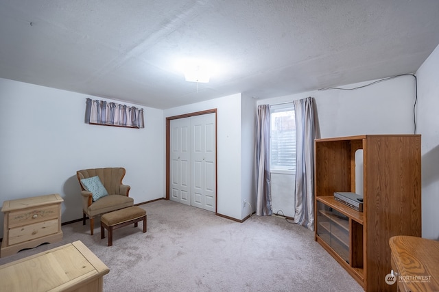 sitting room with a textured ceiling and light carpet