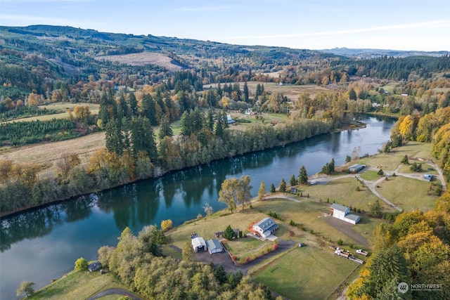 bird's eye view with a water view