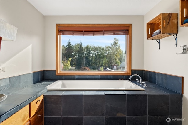 bathroom with vanity, tiled tub, and a healthy amount of sunlight