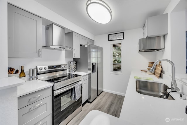 kitchen with gray cabinetry, wall chimney range hood, sink, light hardwood / wood-style floors, and stainless steel appliances