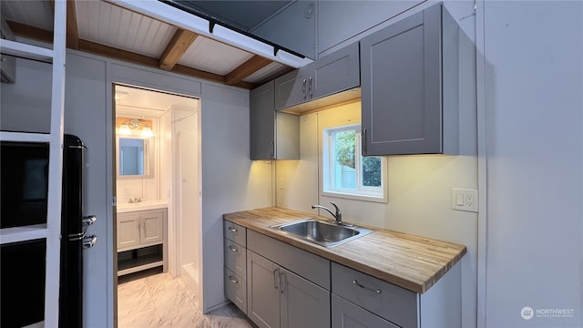 kitchen with butcher block counters, beam ceiling, wooden ceiling, sink, and gray cabinets