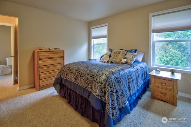 carpeted bedroom featuring multiple windows