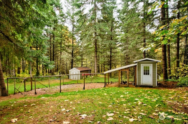 view of yard with a storage shed