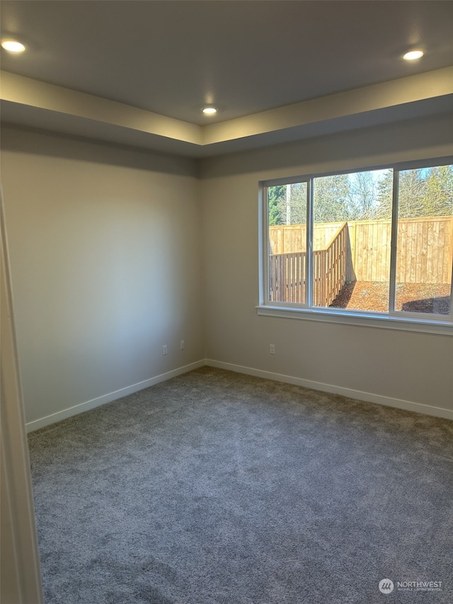 carpeted spare room featuring a tray ceiling