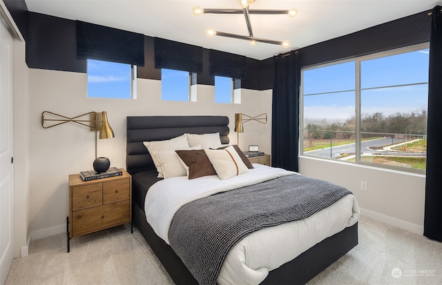 bedroom with a closet and light colored carpet