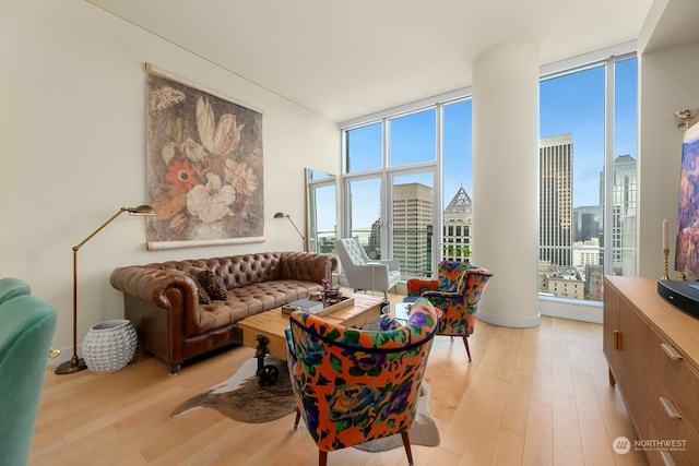 sitting room featuring light hardwood / wood-style floors, plenty of natural light, and floor to ceiling windows