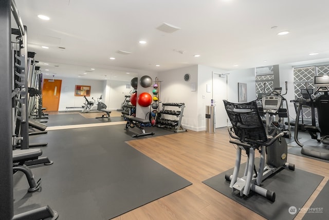 workout area featuring light wood-type flooring