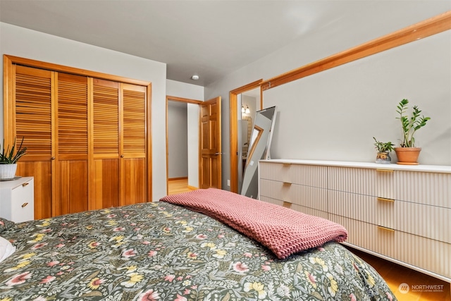 bedroom with wood-type flooring and a closet