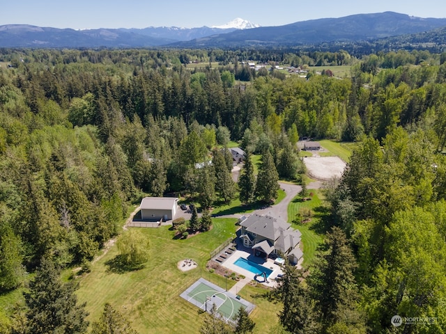 birds eye view of property with a mountain view