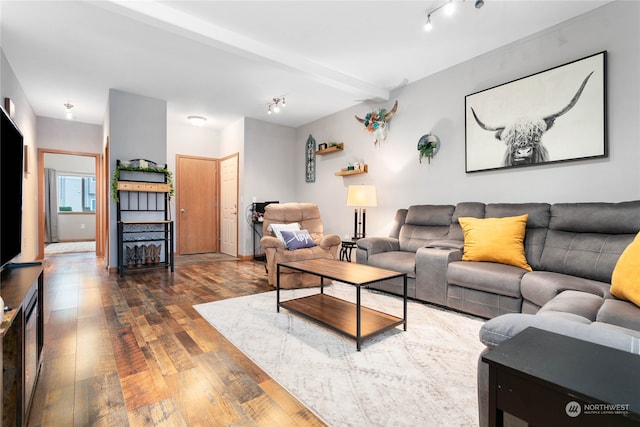 living room featuring beam ceiling and dark hardwood / wood-style flooring