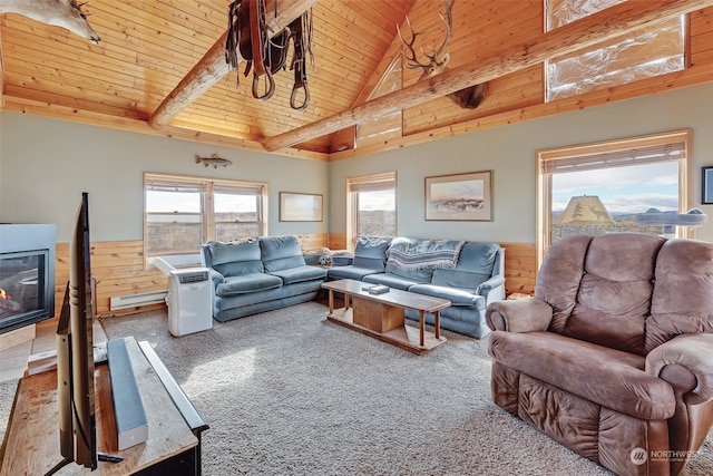 living room featuring wood ceiling, carpet, high vaulted ceiling, wood walls, and beamed ceiling