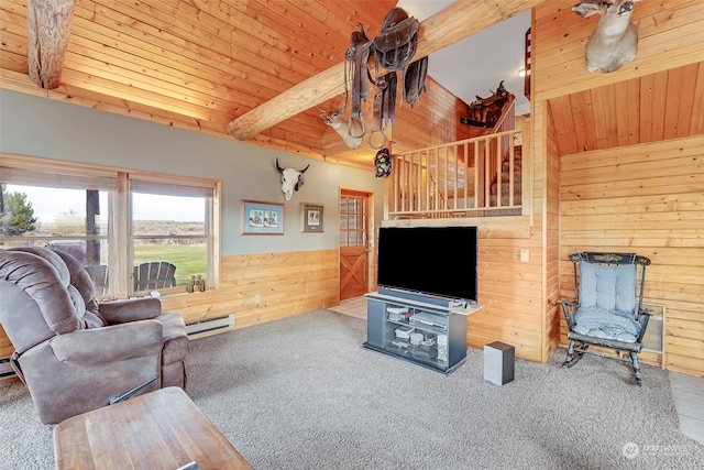 carpeted living room with beamed ceiling, a baseboard heating unit, wood ceiling, and wood walls