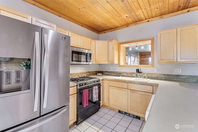 kitchen with light brown cabinets, wooden ceiling, sink, light tile patterned floors, and appliances with stainless steel finishes