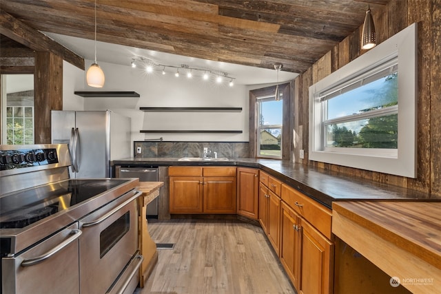 kitchen featuring light hardwood / wood-style flooring, stainless steel appliances, sink, vaulted ceiling, and pendant lighting