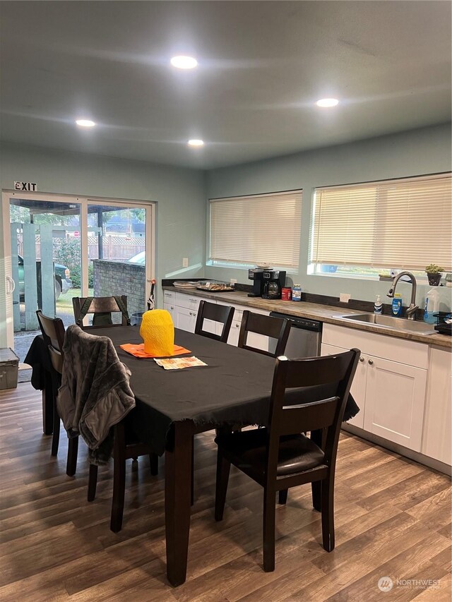 dining space featuring sink and hardwood / wood-style floors