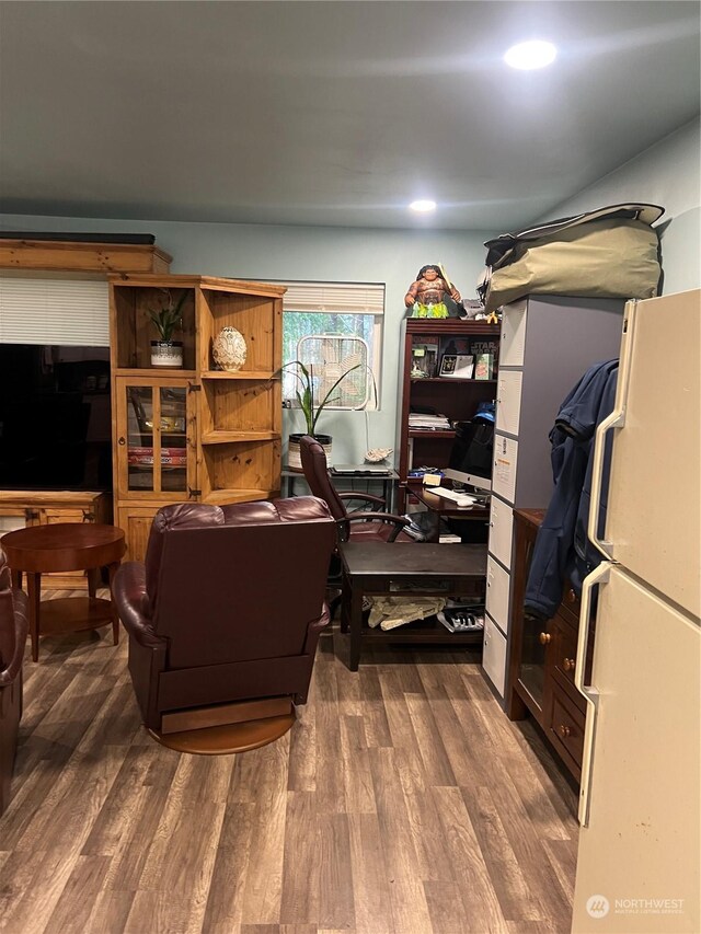 office space featuring dark wood-type flooring