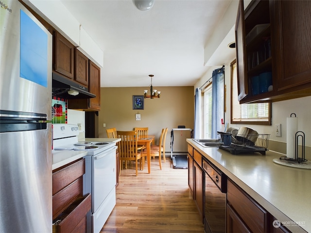 kitchen with black dishwasher, decorative light fixtures, white electric range, stainless steel refrigerator, and light hardwood / wood-style flooring