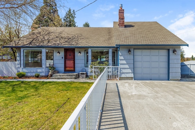 ranch-style home featuring a porch, a front lawn, and a garage