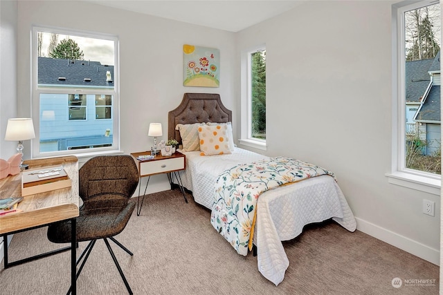 bedroom with multiple windows and carpet floors