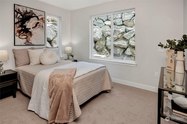 bedroom featuring multiple windows and light carpet