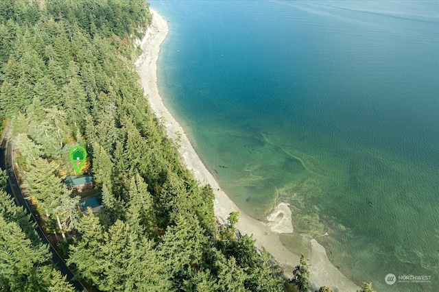 birds eye view of property featuring a water view and a view of the beach