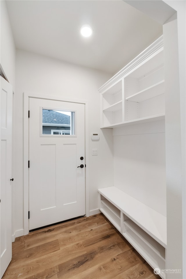 mudroom with hardwood / wood-style flooring