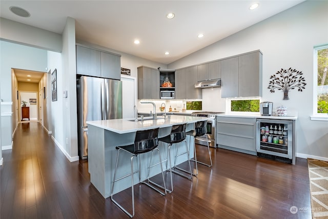 kitchen featuring beverage cooler, appliances with stainless steel finishes, dark wood-type flooring, gray cabinetry, and sink