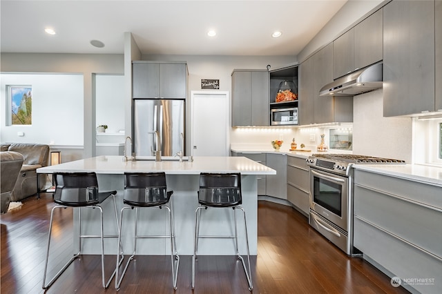 kitchen with appliances with stainless steel finishes, a center island with sink, dark wood-type flooring, and gray cabinetry