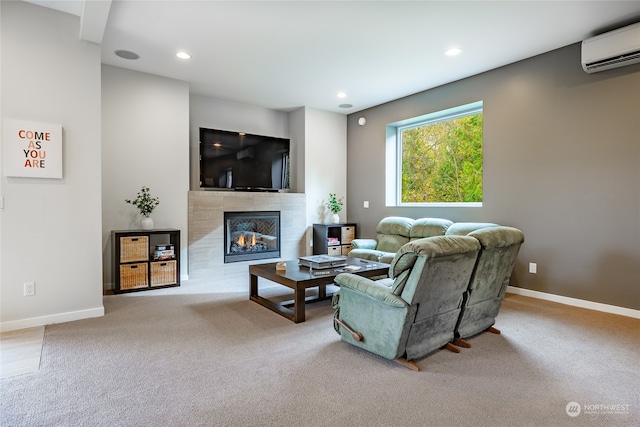 living room featuring carpet and a wall mounted air conditioner