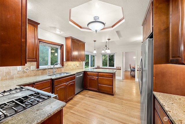 kitchen with sink, backsplash, light hardwood / wood-style floors, stainless steel appliances, and pendant lighting