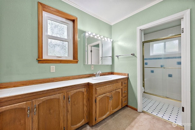 bathroom with vanity, ornamental molding, walk in shower, and toilet