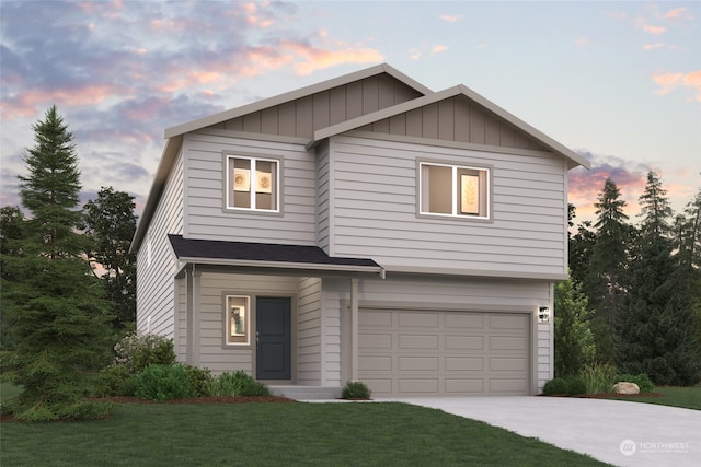 view of front of property featuring board and batten siding, a front yard, concrete driveway, and a garage