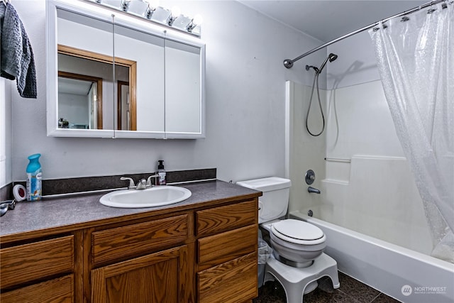 604 Nieland Loop SE, Rainier, WA 98576 - bathroom with toilet, vanity, and shower / bathtub combination with curtain