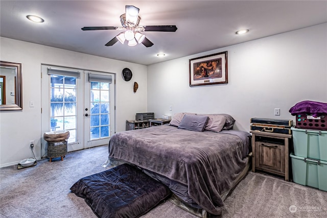 604 Nieland Loop SE, Rainier, WA 98576 - bedroom featuring french doors, carpet flooring, access to exterior, a ceiling fan, and recessed lighting