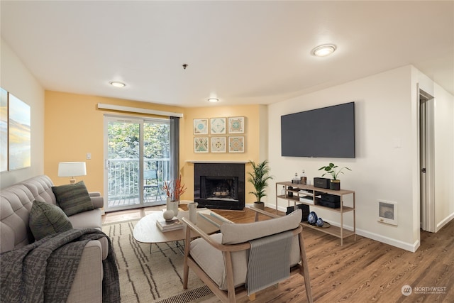 living room with heating unit and hardwood / wood-style floors