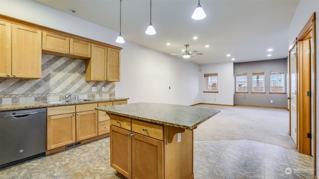 2733 Diamond St Unit D, Milton, WA 98354 - kitchen featuring dishwasher, a kitchen island, backsplash, light carpet, and decorative light fixtures