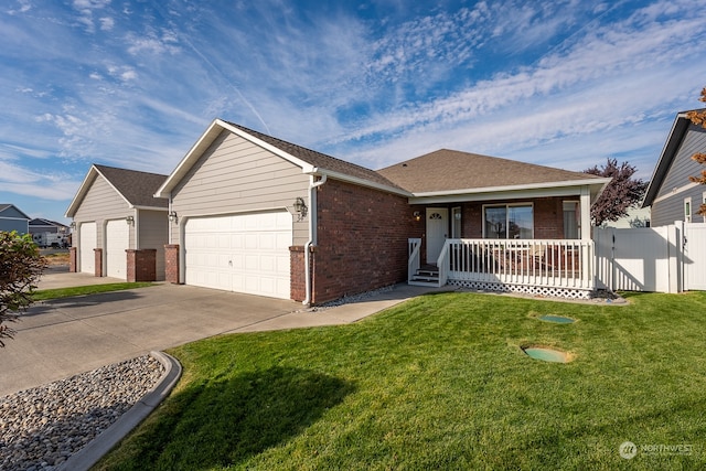 ranch-style house with a porch, a front lawn, and a garage