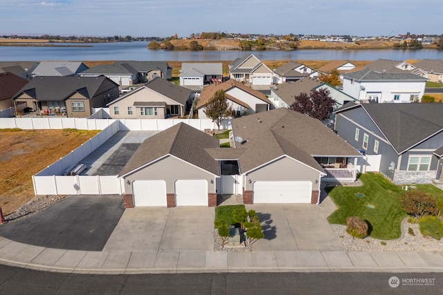 drone / aerial view featuring a water view