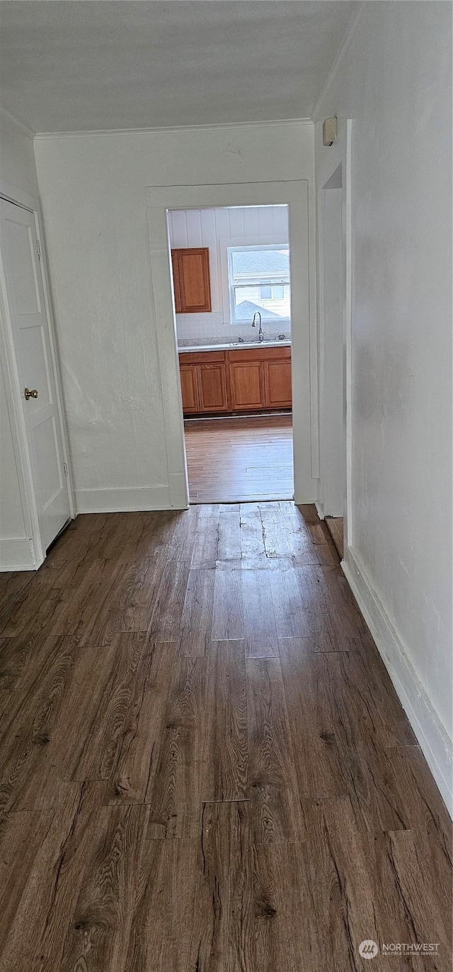 corridor featuring dark hardwood / wood-style flooring and sink