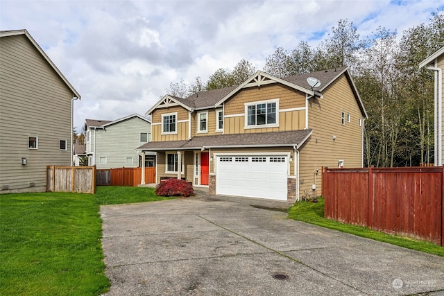 craftsman-style home with a garage and a front lawn