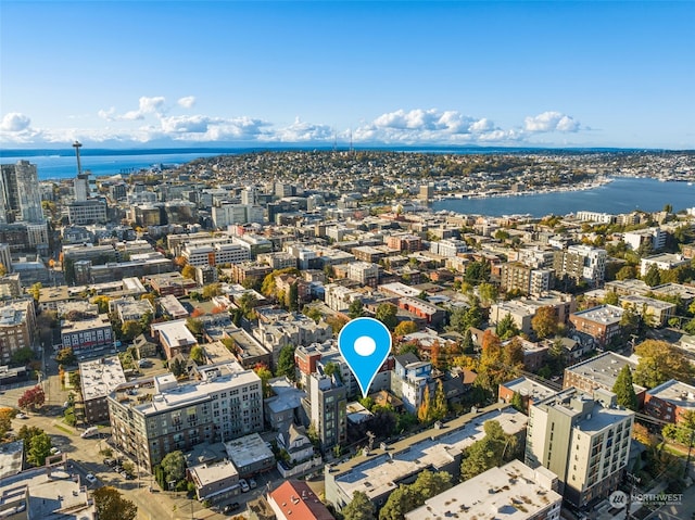 bird's eye view with a water view