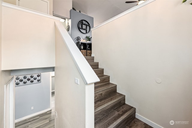 stairway with hardwood / wood-style flooring