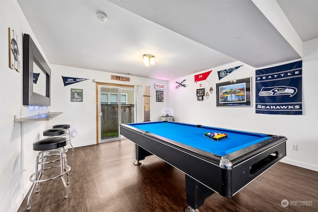 recreation room with pool table and dark hardwood / wood-style flooring