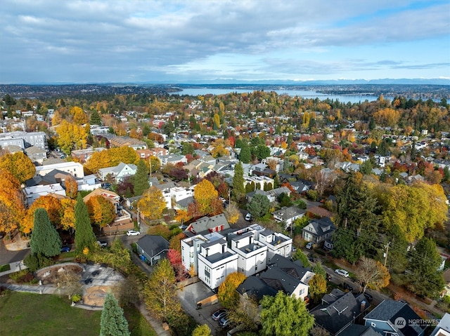 bird's eye view with a water view