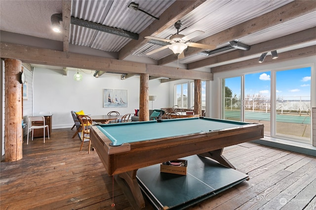 game room with beam ceiling, hardwood / wood-style flooring, billiards, and ceiling fan