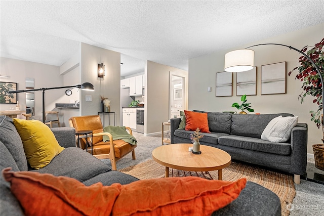 living room featuring a textured ceiling, carpet flooring, and sink