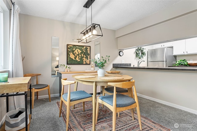 dining space with an inviting chandelier, a textured ceiling, and carpet