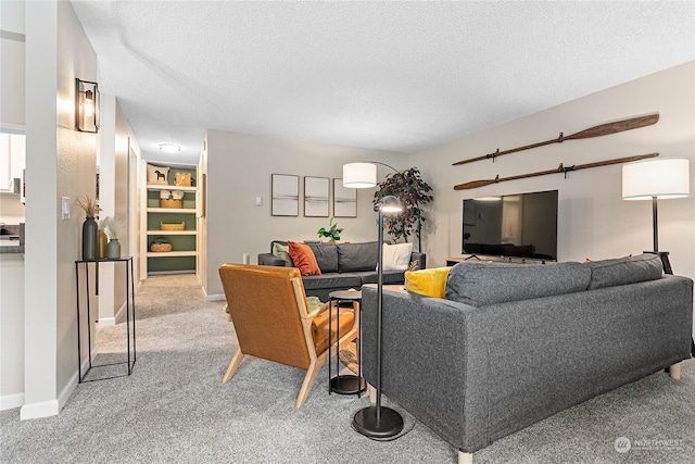 living room with carpet and a textured ceiling